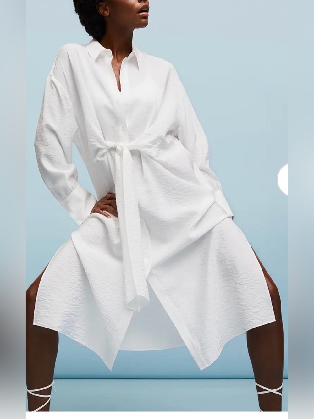H&M White Tie Front Button Shirt Dress-XS